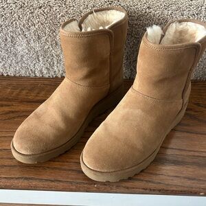 UGG Chestnut Suede Boots with Shearling - Kristin Wedge Bootie Boot - GUC